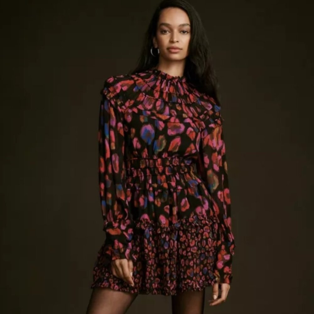 FARM RIO ACTIVE  Iridescent Leopards Ruffle Black/Multi Mini Dress XS $270